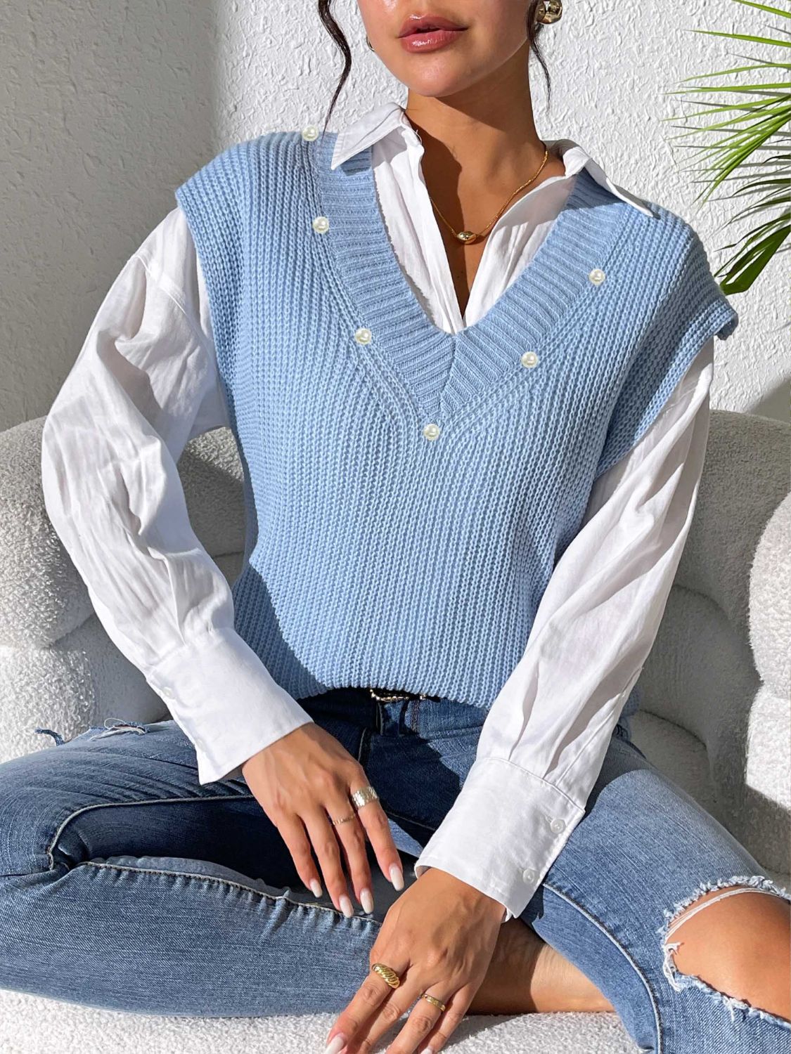 Pearl Trim V-Neck Sweater Vest Charming Charlie Pearl Trim V-Neck Sweater Vest Charming Charlie