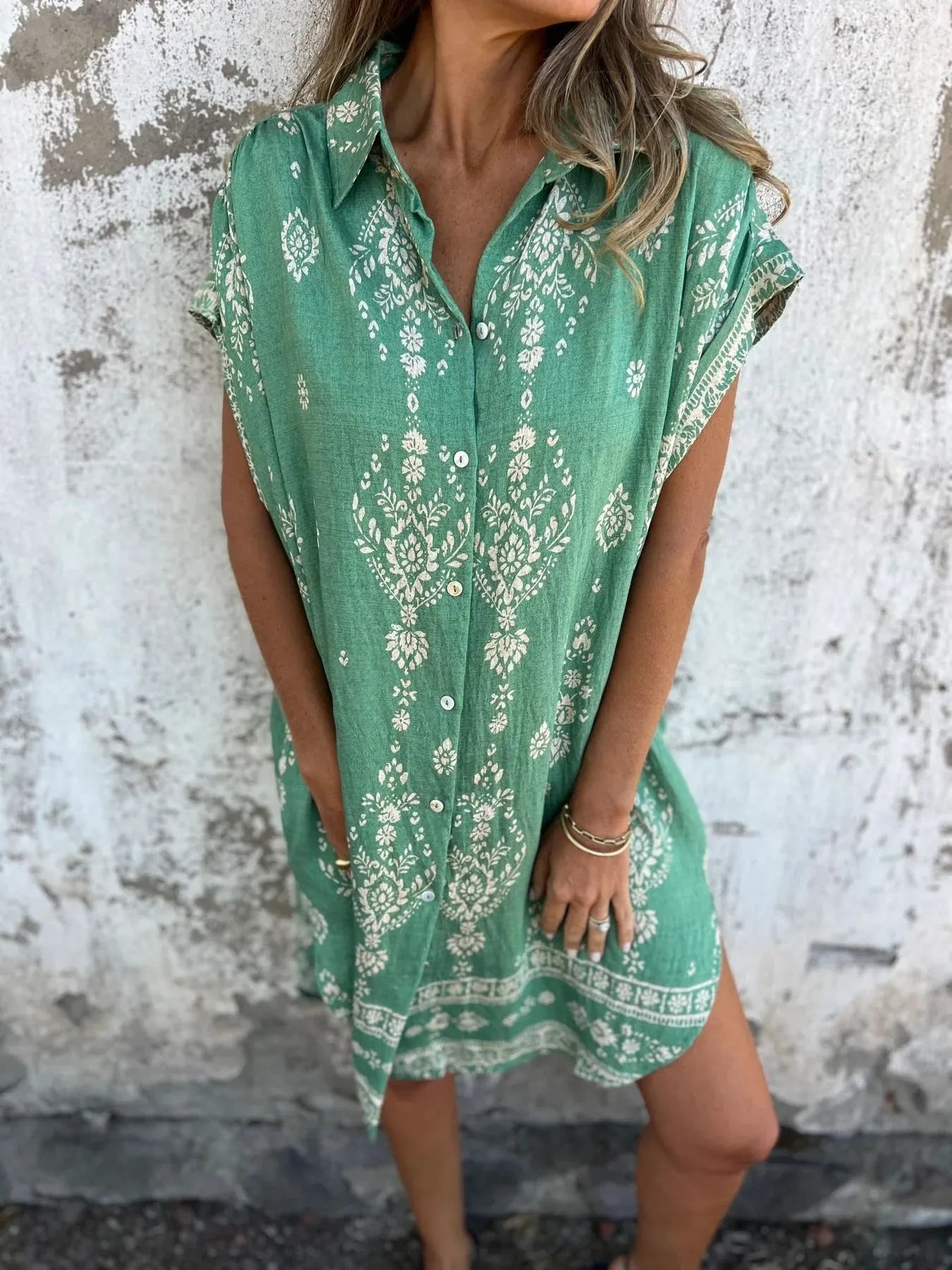 Full Size Printed Short Sleeve Button-Up Shirt Dress Plus Size Black / S