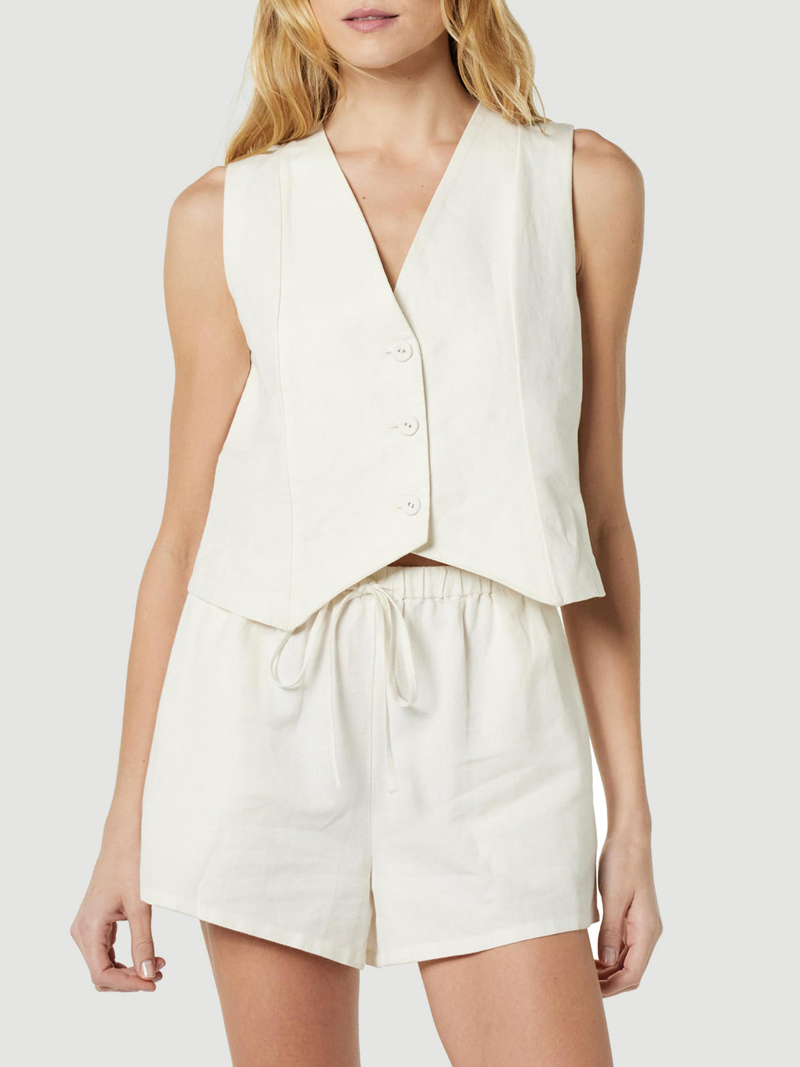 Button Up V-Neck Top and Pocketed Shorts Set - Charming Charlie
