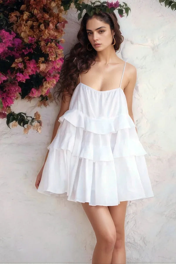 Ruffle Layered Tie Shoulder Cami Dress White / L Ruffle Layered Tie Shoulder Cami Dress White / L