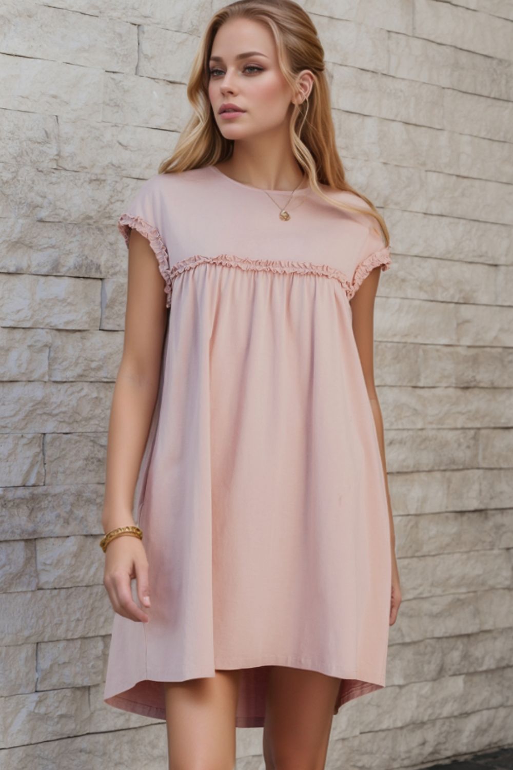 Wholesale MOQ6 Frilled Trim Crew Neck Cap Sleeve Loose Fit Mini Dress