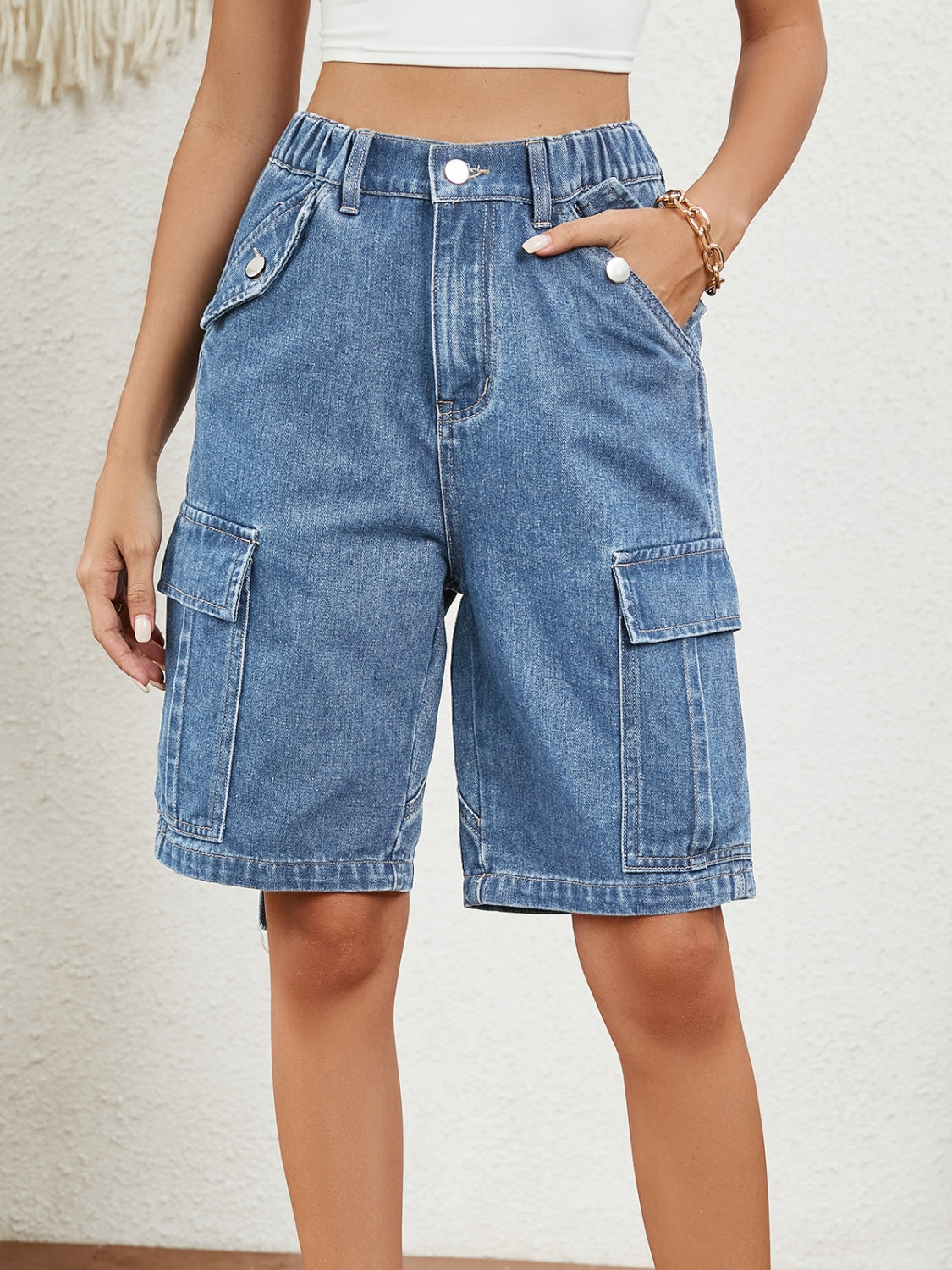Buttoned Elastic Waist Denim Shorts with Pockets - Charming Charlie