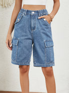 Buttoned Elastic Waist Denim Shorts with Pockets - Charming Charlie