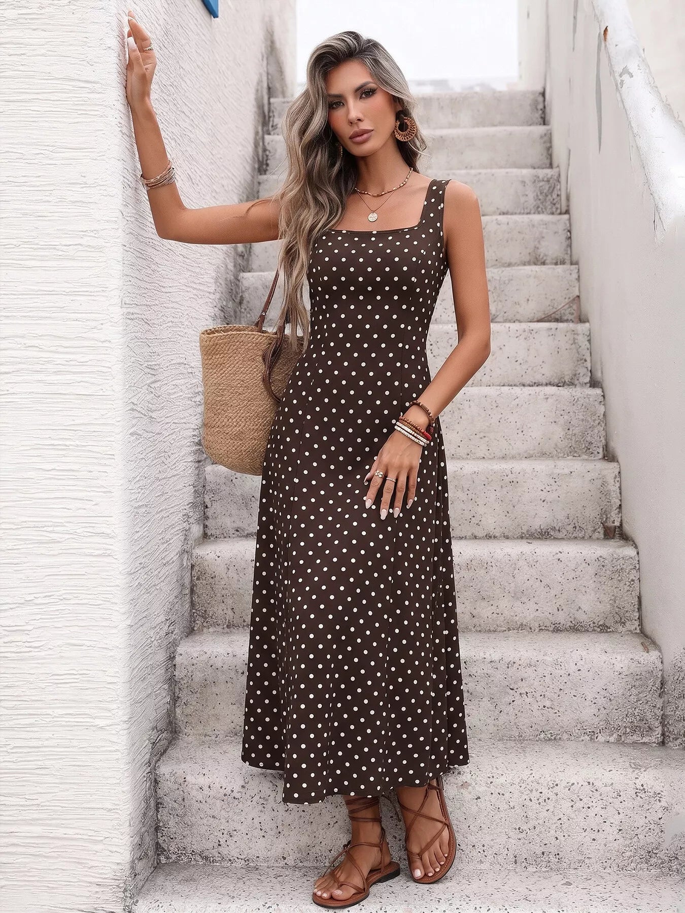 Polka Dot Sleeveless Maxi Dress Coffee Brown / S