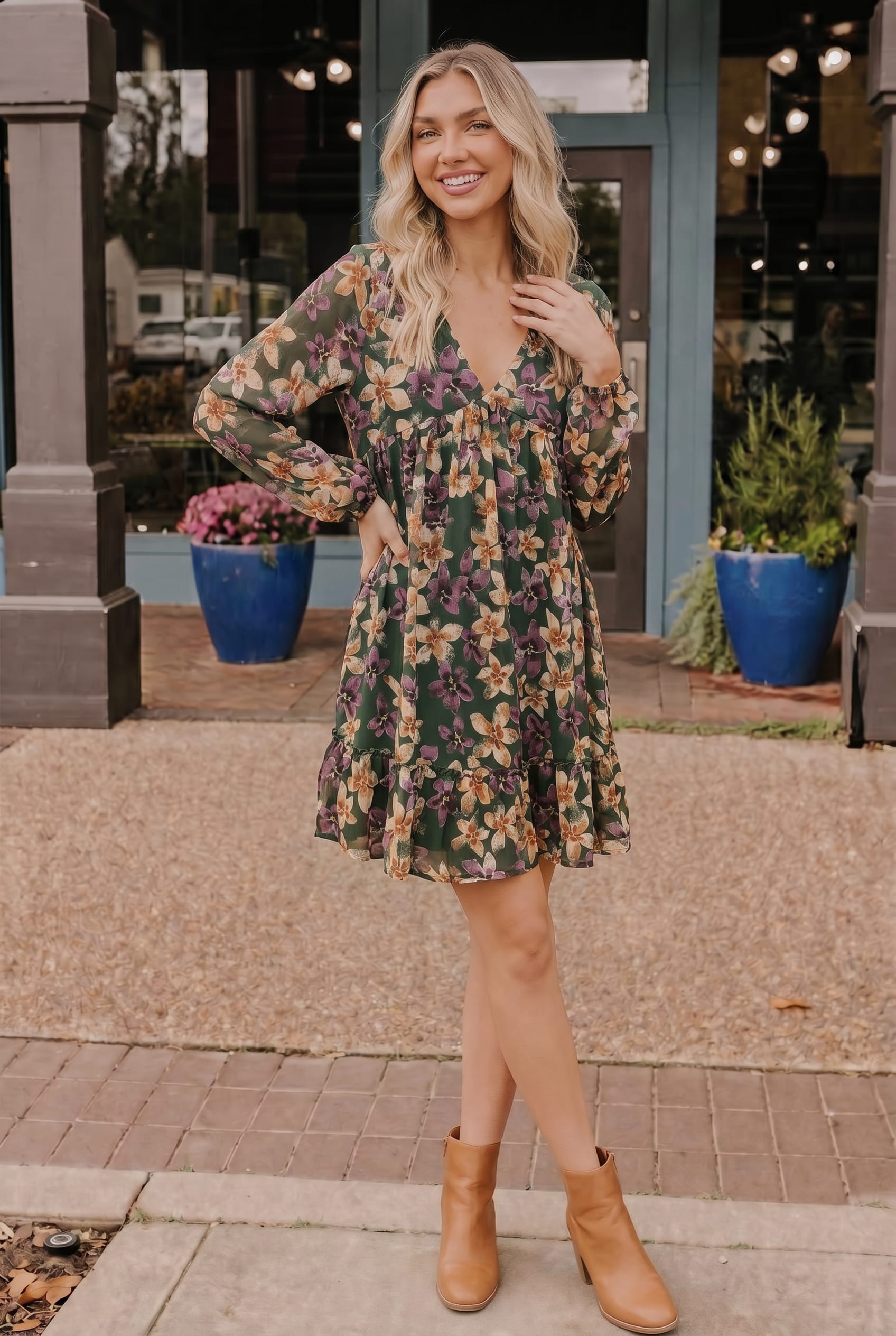 Forest Blooms Long Sleeve Mini Dress - Charming Charlie