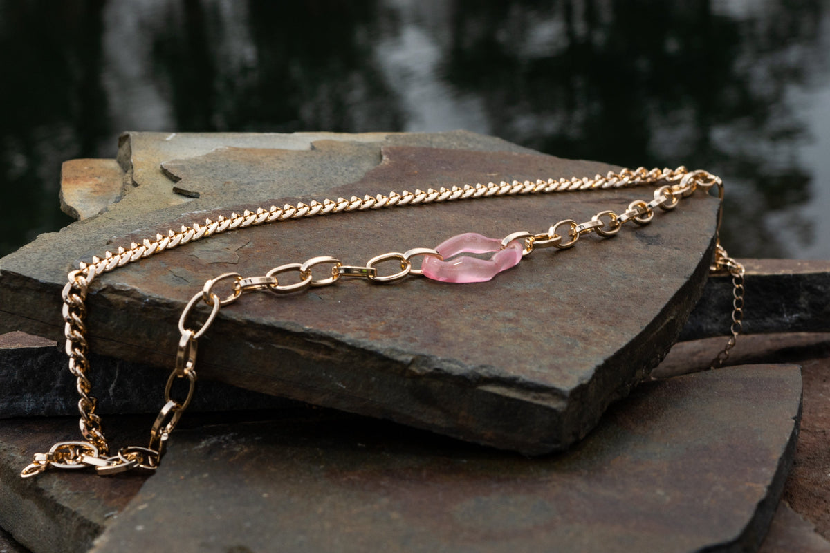 Two Row Chain Link Necklace With Lucite Purple Pendant - Charming Charlie