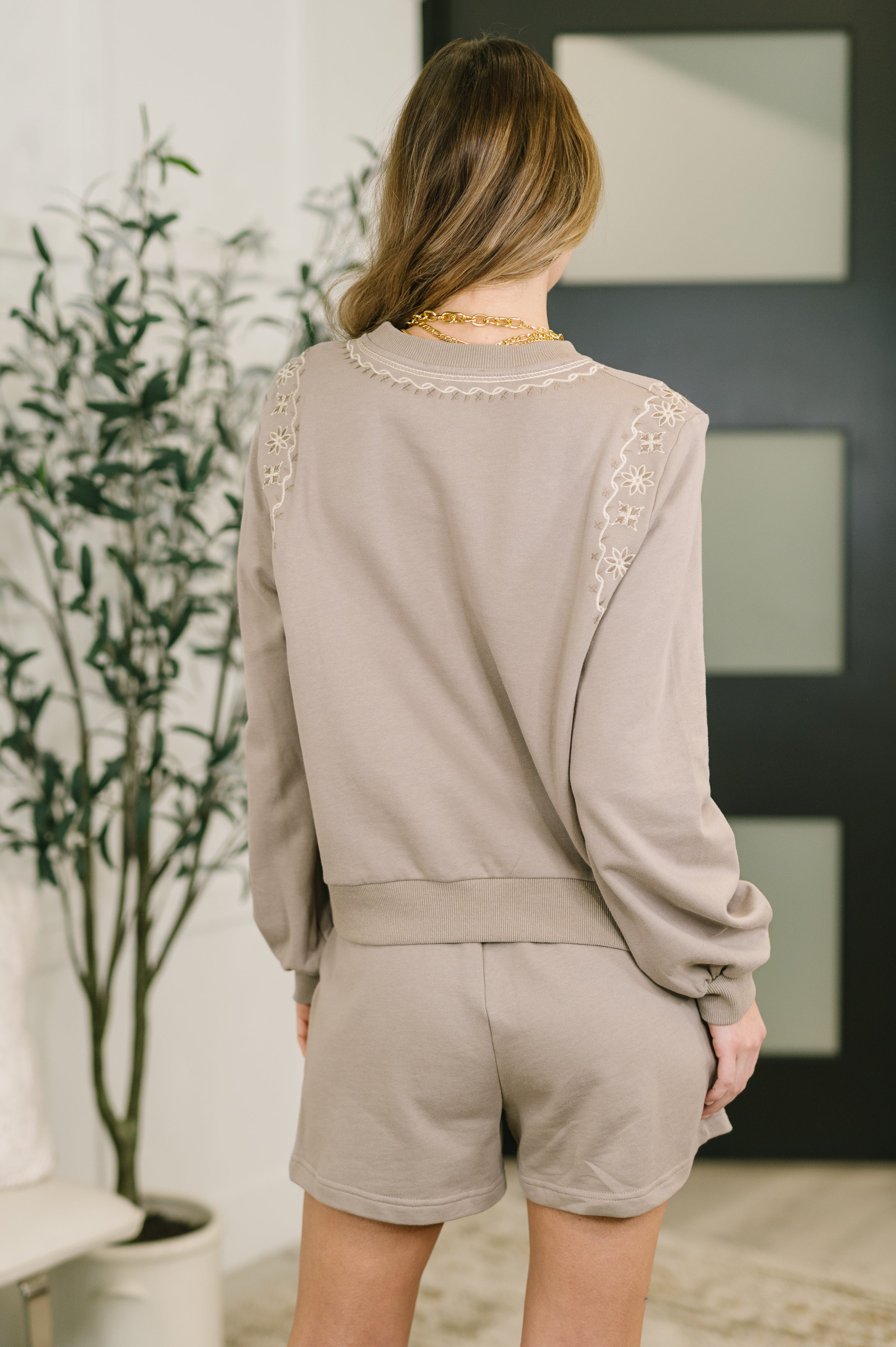 A Little Bit of Comfort Embroidered Top and Bottom Set in Taupe - Charming Charlie