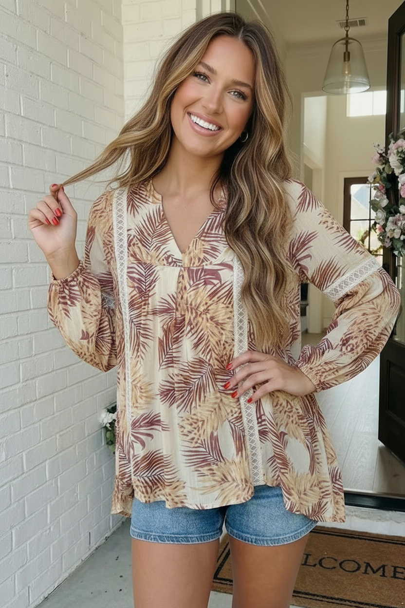 Tropical Palms Boho Babydoll Top - Charming Charlie