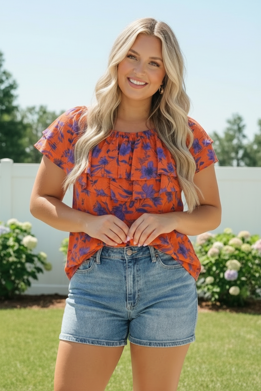 Rust Bloom Ruffle Top - Charming Charlie
