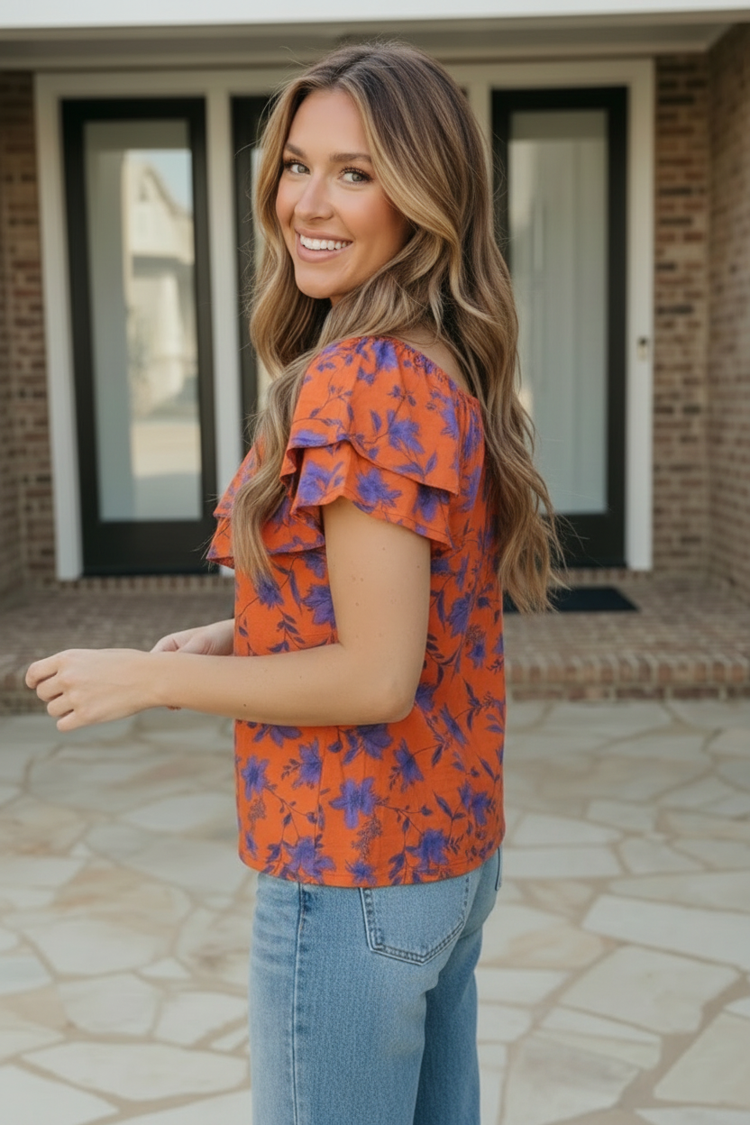 Rust Bloom Ruffle Top - Charming Charlie