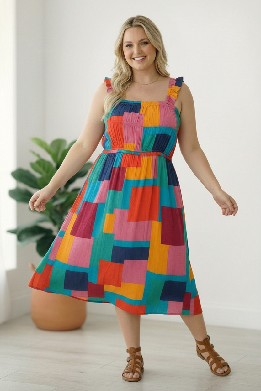 Pop Art Patchwork Midi Dress - Charming Charlie