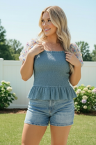 Smocked Peplum Top with Floral Puff Sleeves - Charming Charlie