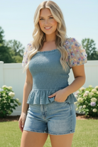 Smocked Peplum Top with Floral Puff Sleeves - Charming Charlie