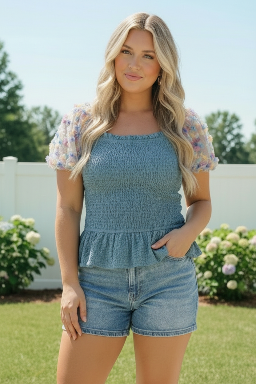 Smocked Peplum Top with Floral Puff Sleeves - Charming Charlie