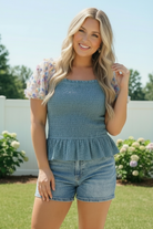 Smocked Peplum Top with Floral Puff Sleeves - Charming Charlie