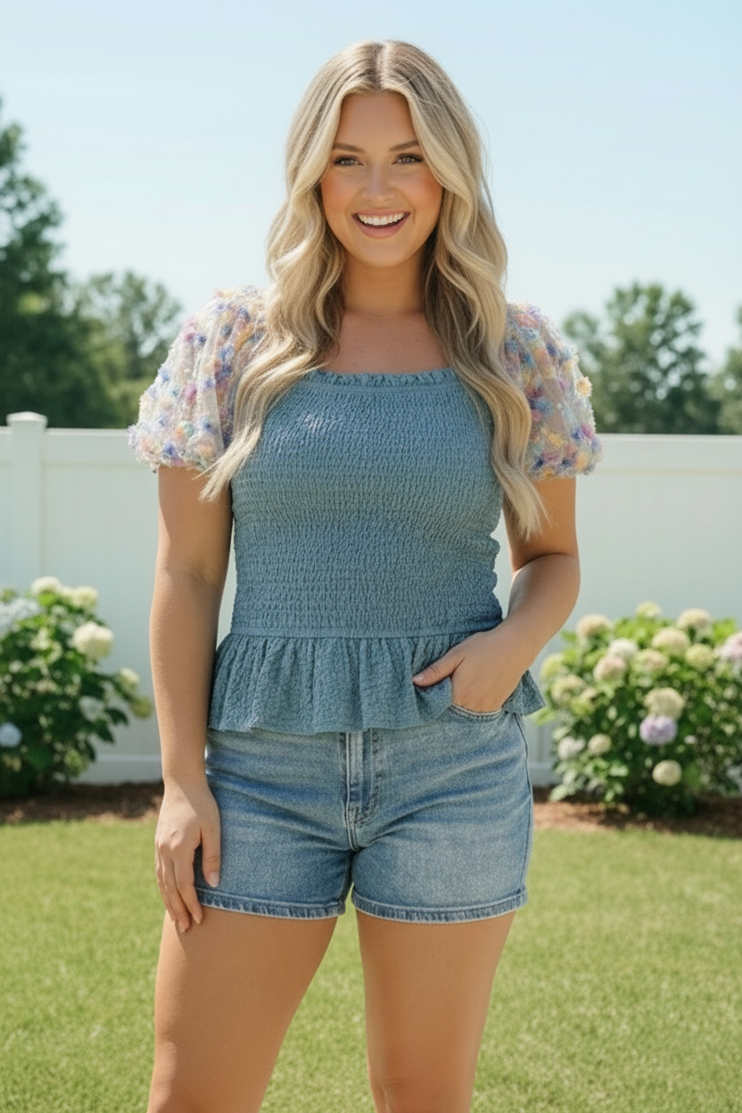 Smocked Peplum Top with Floral Puff Sleeves - Charming Charlie