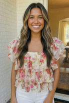 Ready with Ruffles Floral Mesh Top - Charming Charlie