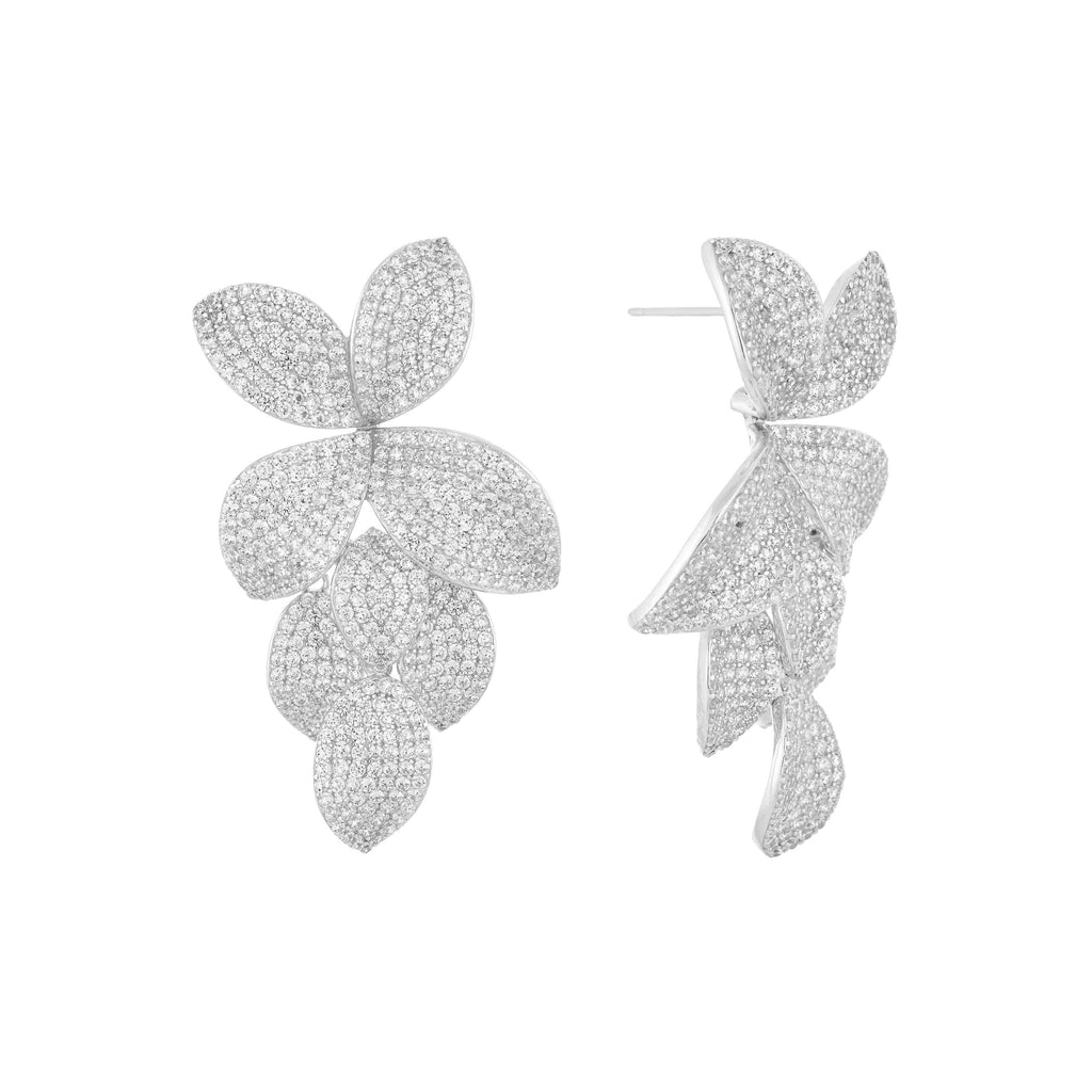 Silver Pavé Fancy Flower Petals Drop Stud Earring - Adina's Jewels