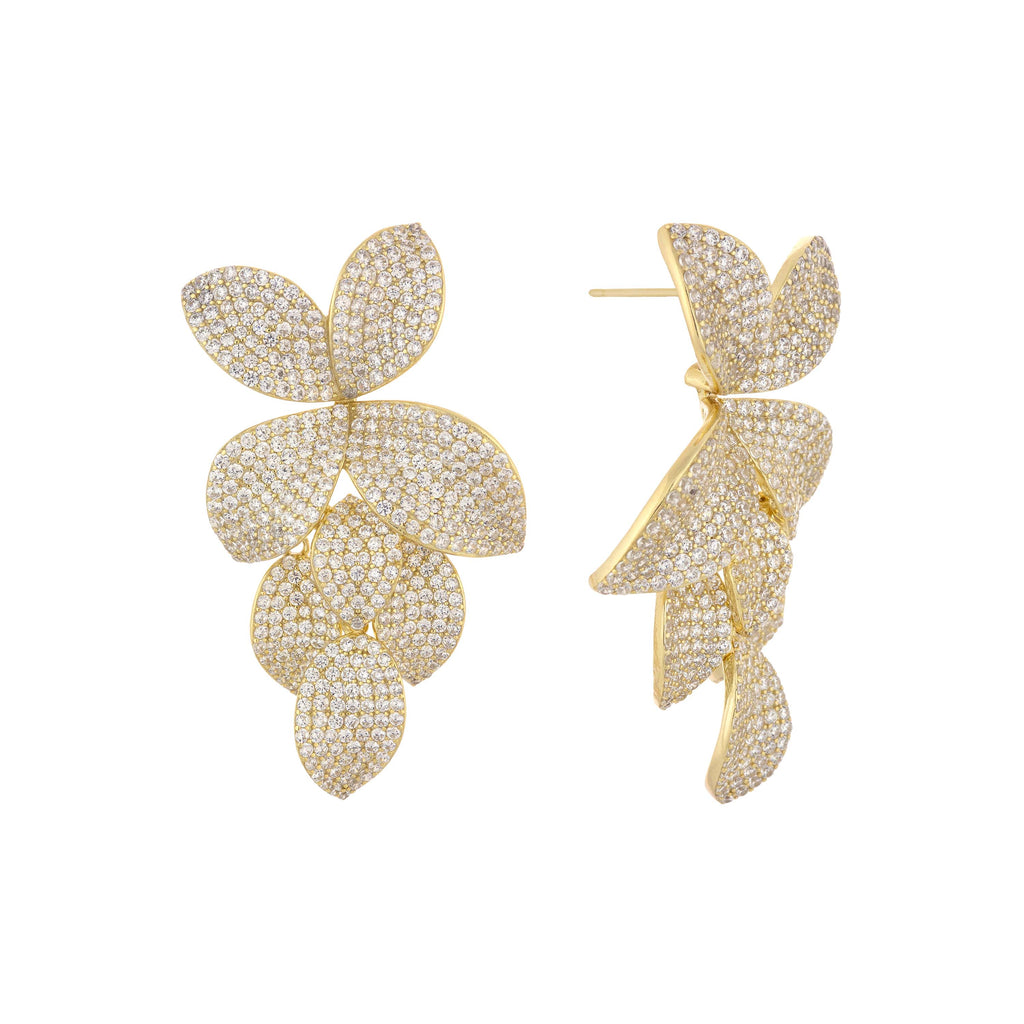 Gold Pavé Fancy Flower Petals Drop Stud Earring - Adina's Jewels
