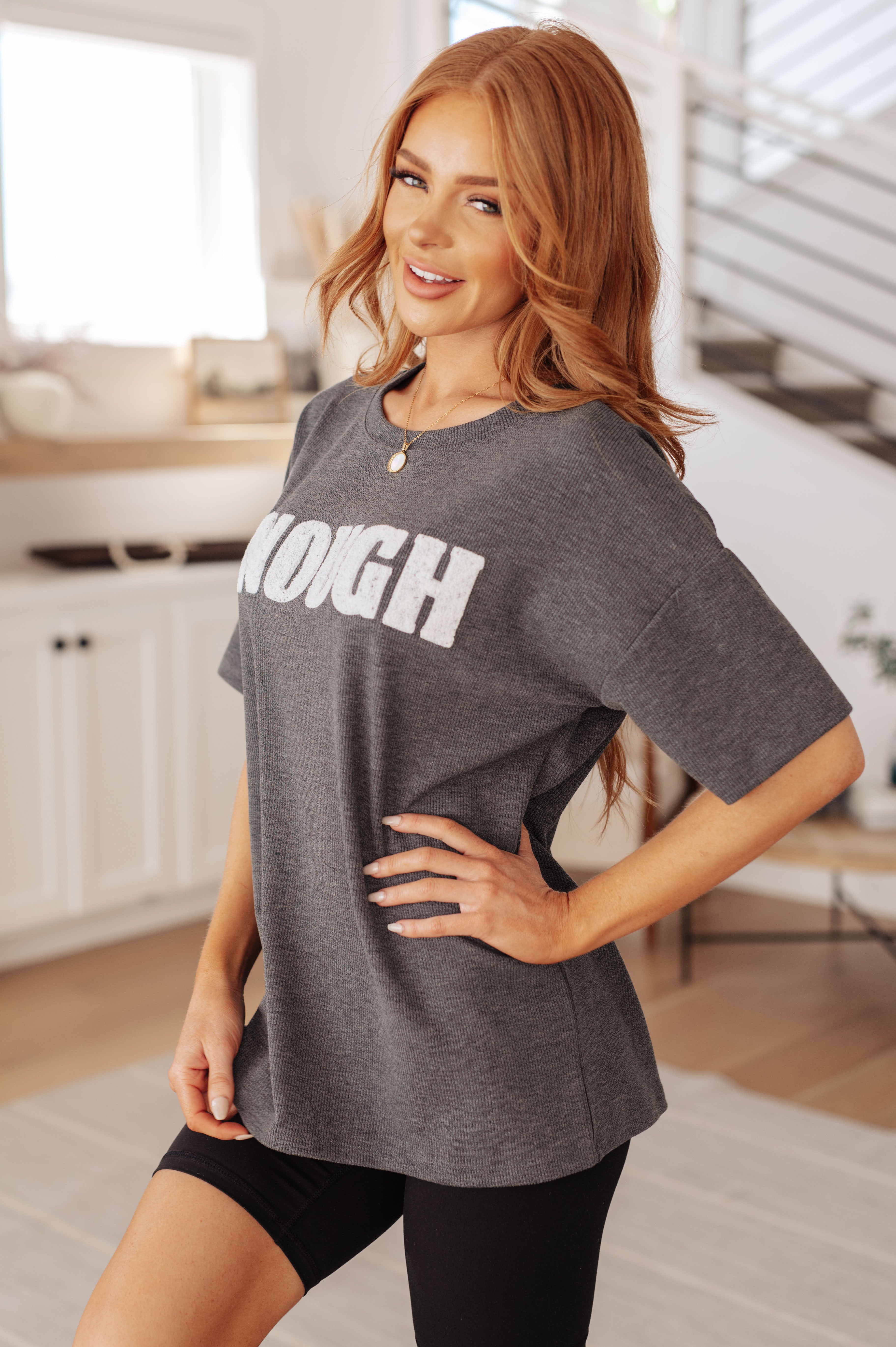 Always Enough Graphic Tee in Charcoal - Charming Charlie