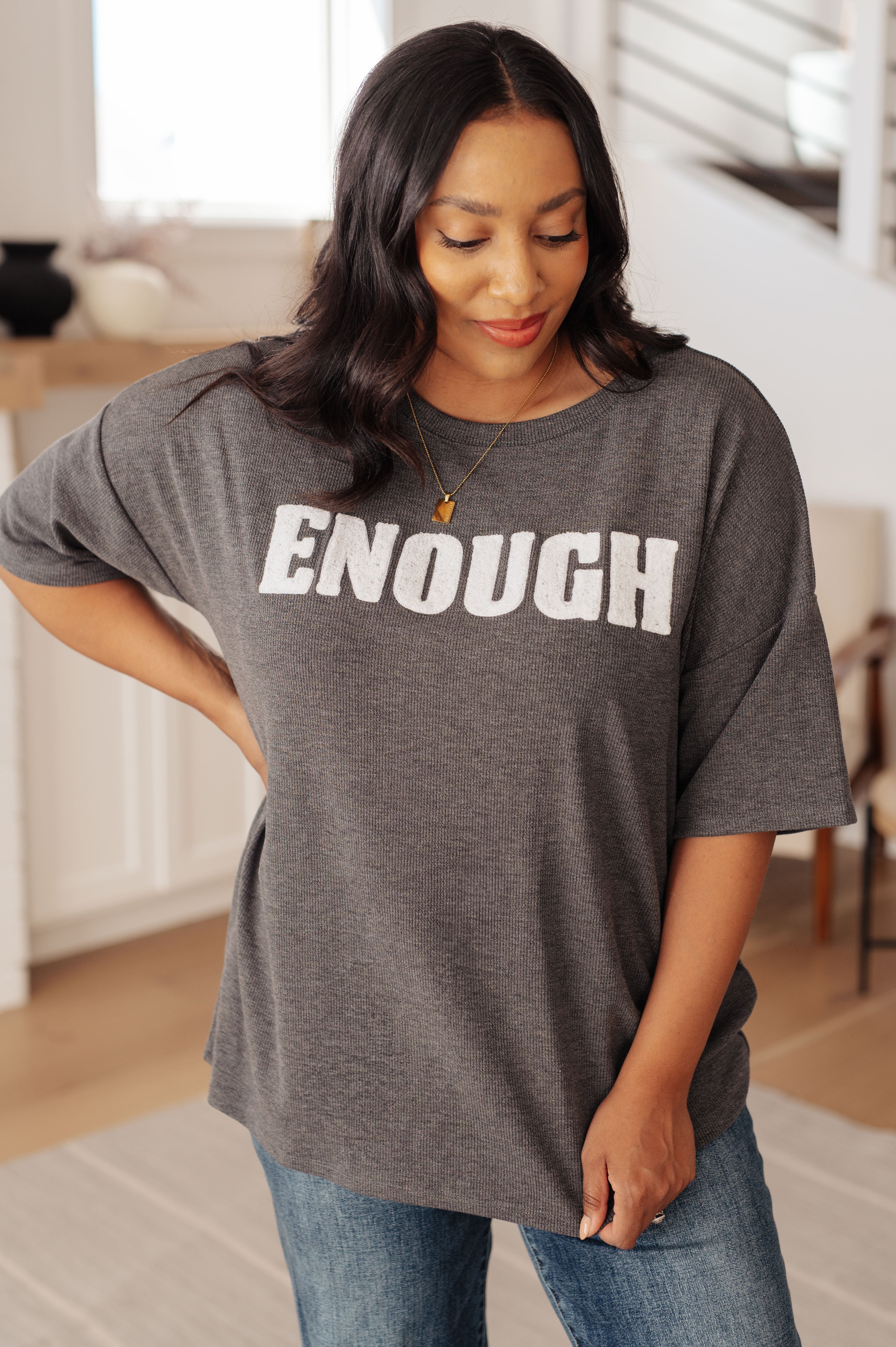 Always Enough Graphic Tee in Charcoal - Charming Charlie