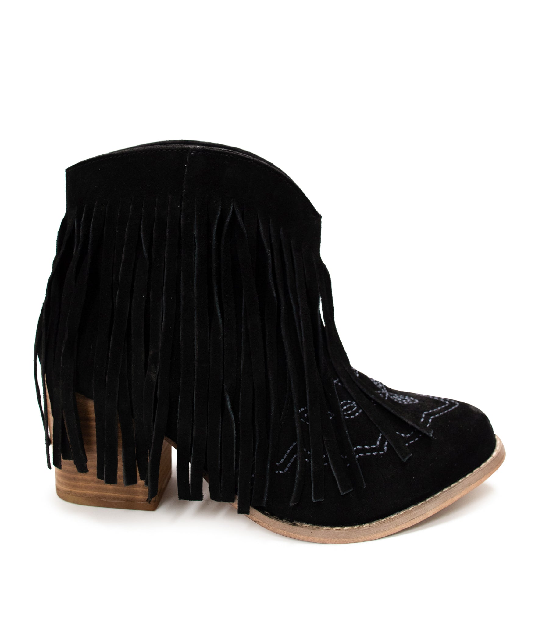 Amos Fringe Ankle Bootie in Black Suede - Charming Charlie