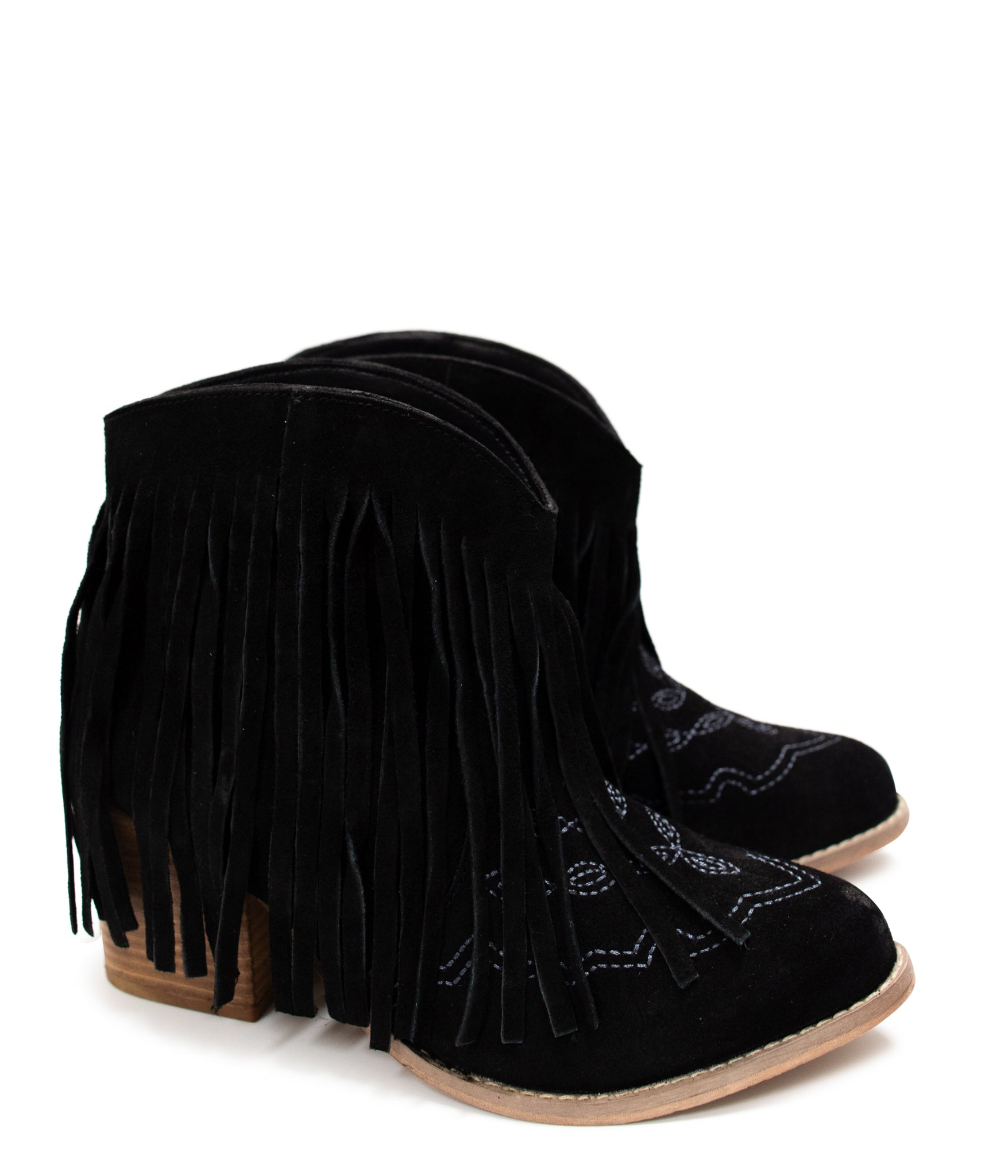 Amos Fringe Ankle Bootie in Black Suede - Charming Charlie