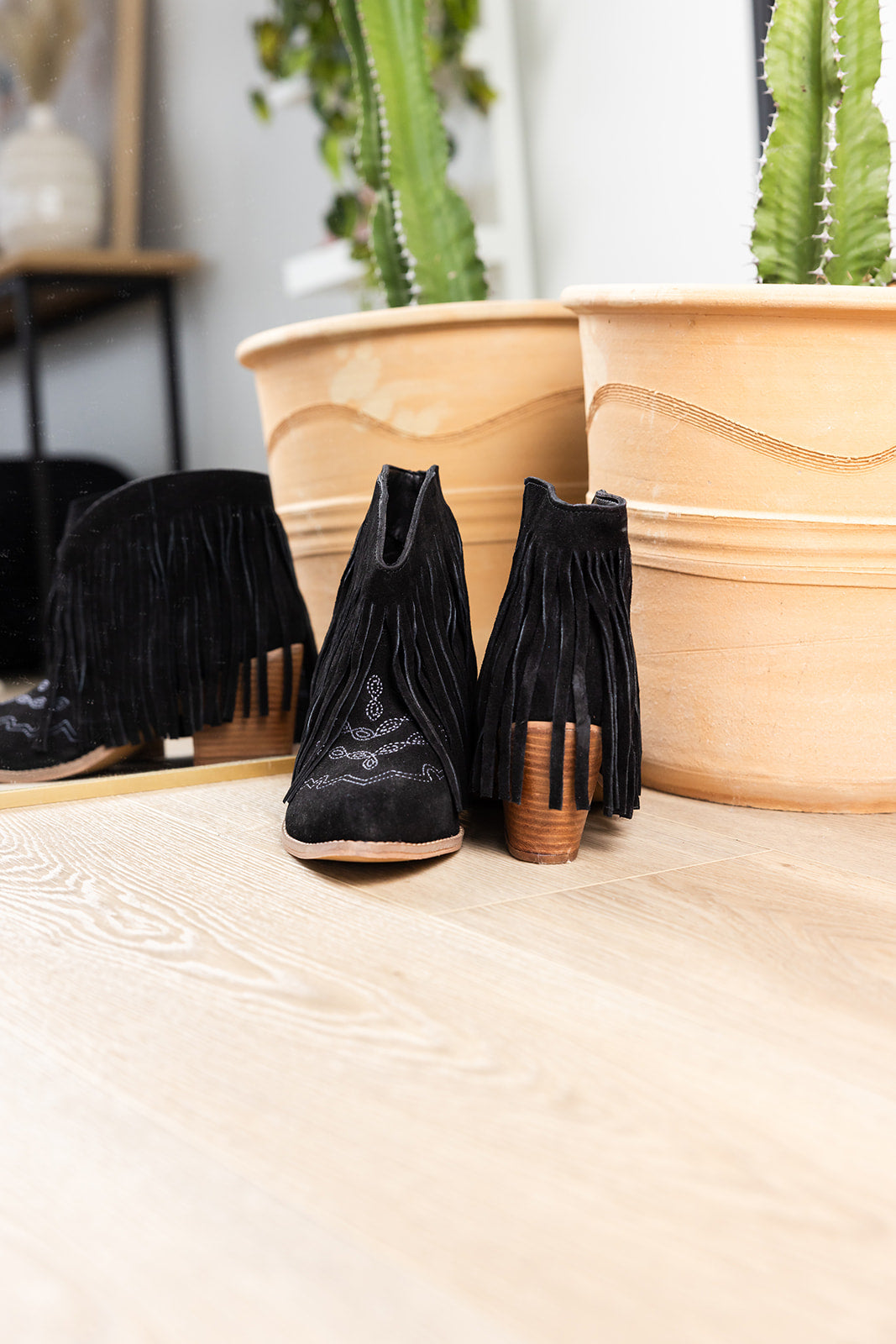 Amos Fringe Ankle Bootie in Blue Suede - Charming Charlie