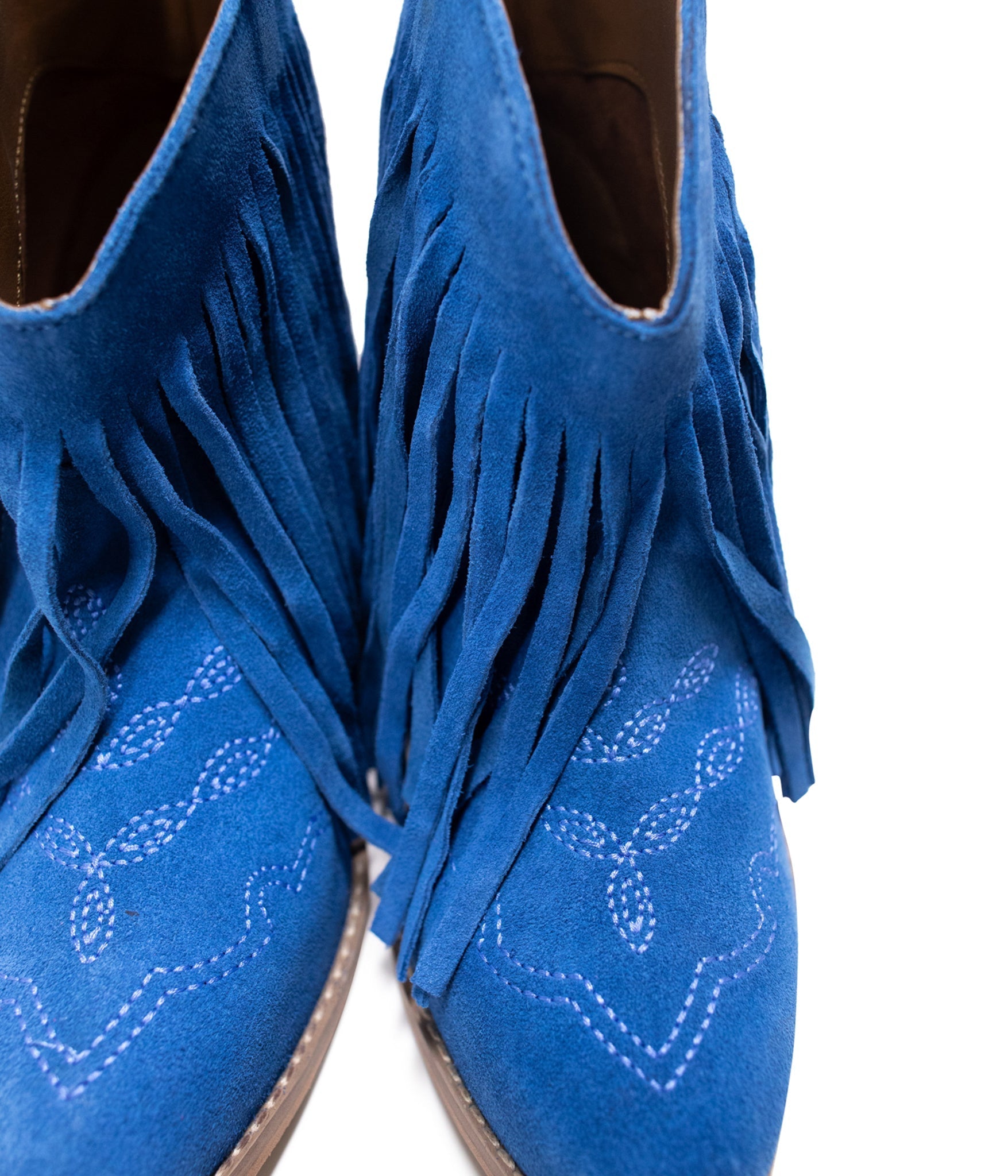Amos Fringe Ankle Bootie in Blue Suede - Charming Charlie