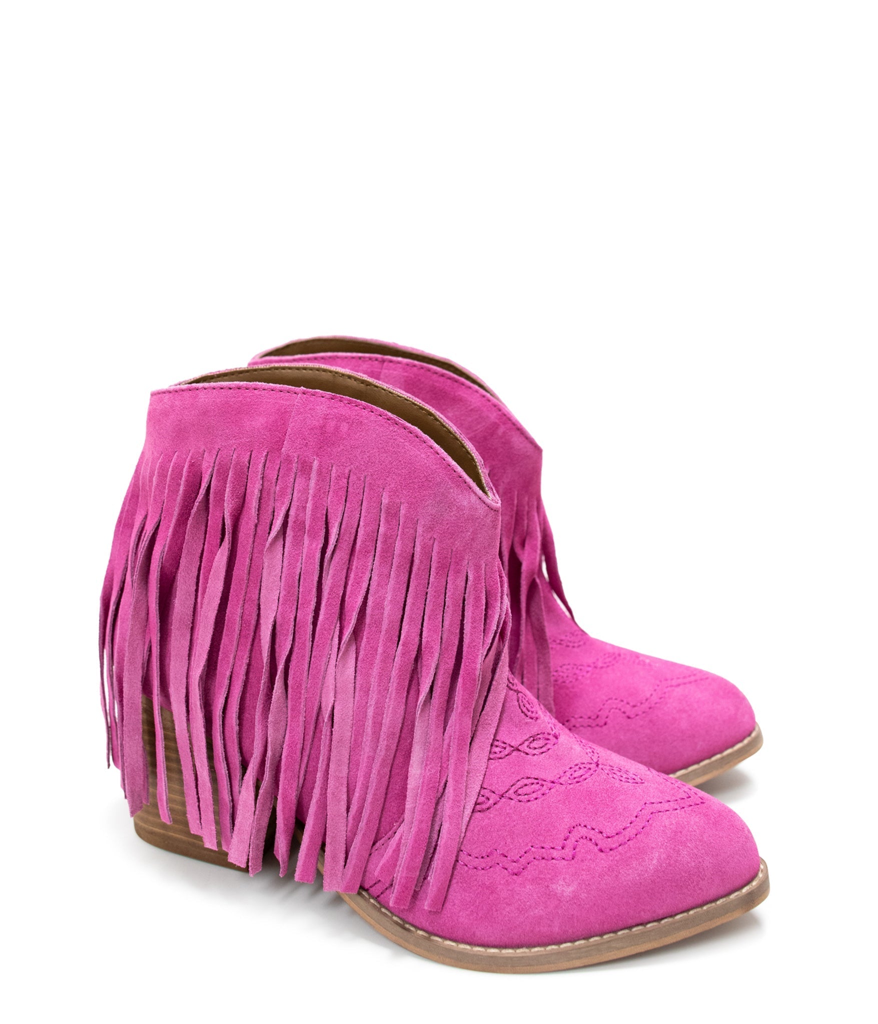 Amos Fringe Ankle Bootie in Magenta Suede - Charming Charlie