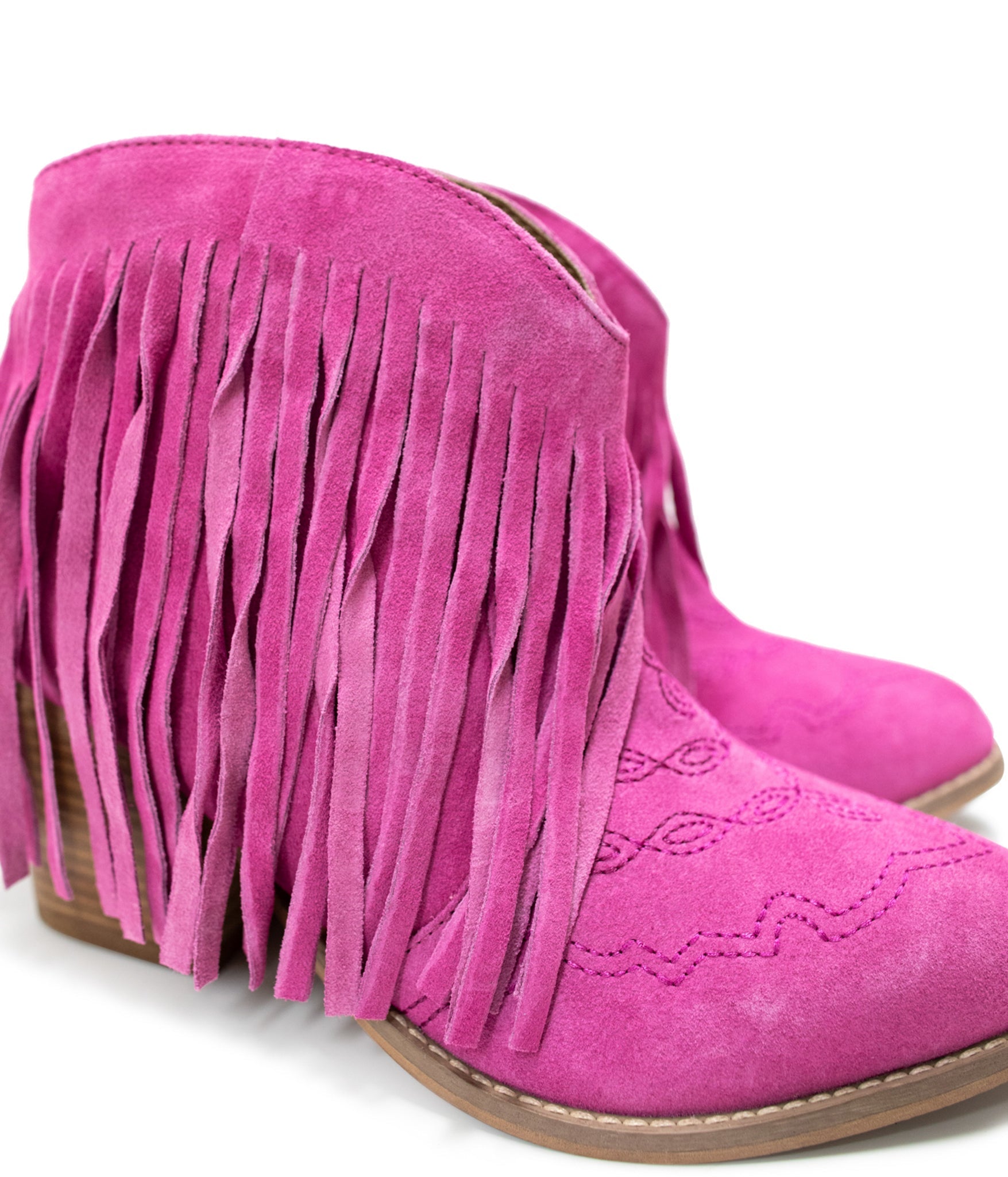 Amos Fringe Ankle Bootie in Magenta Suede - Charming Charlie