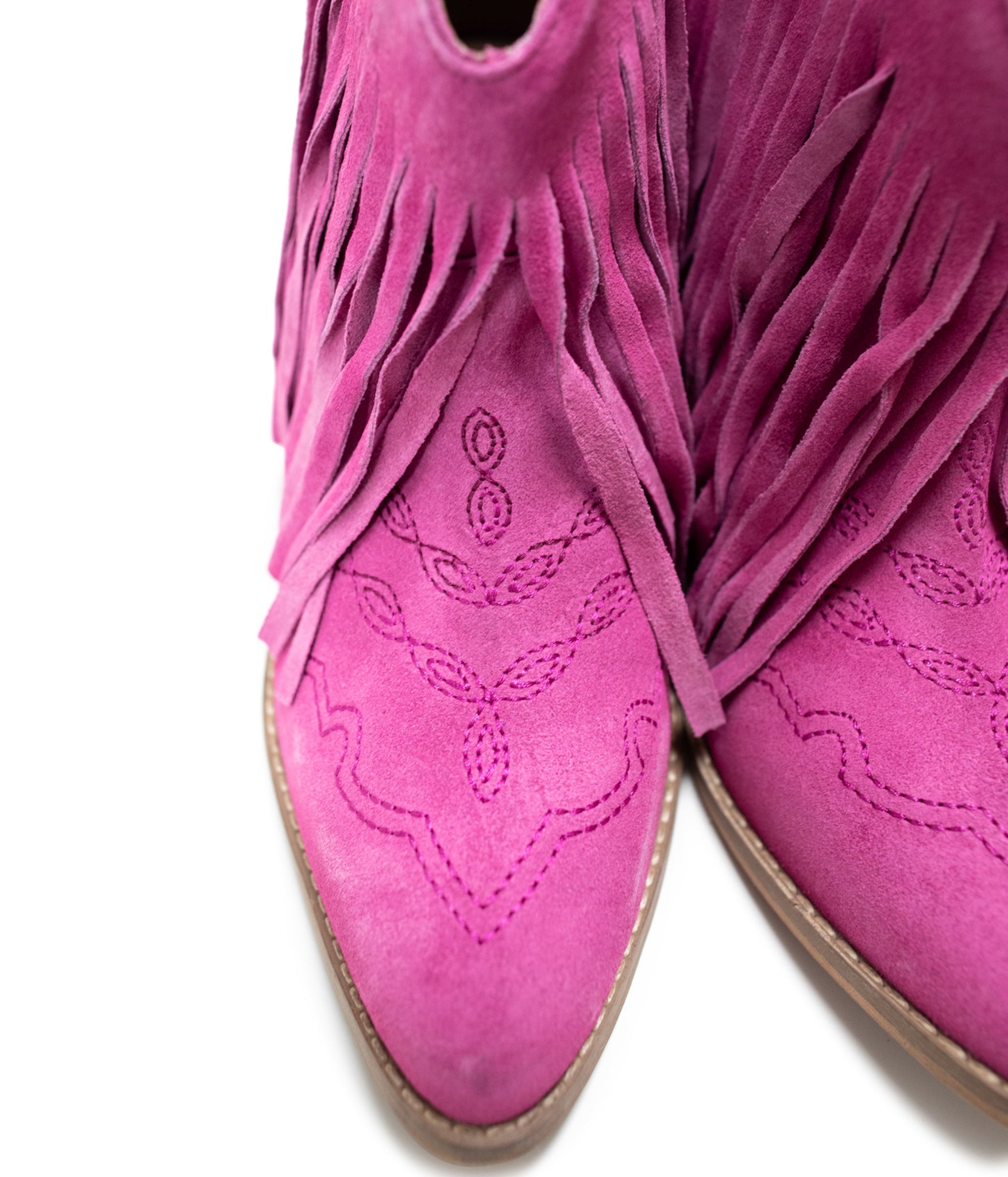 Amos Fringe Ankle Bootie in Magenta Suede - Charming Charlie