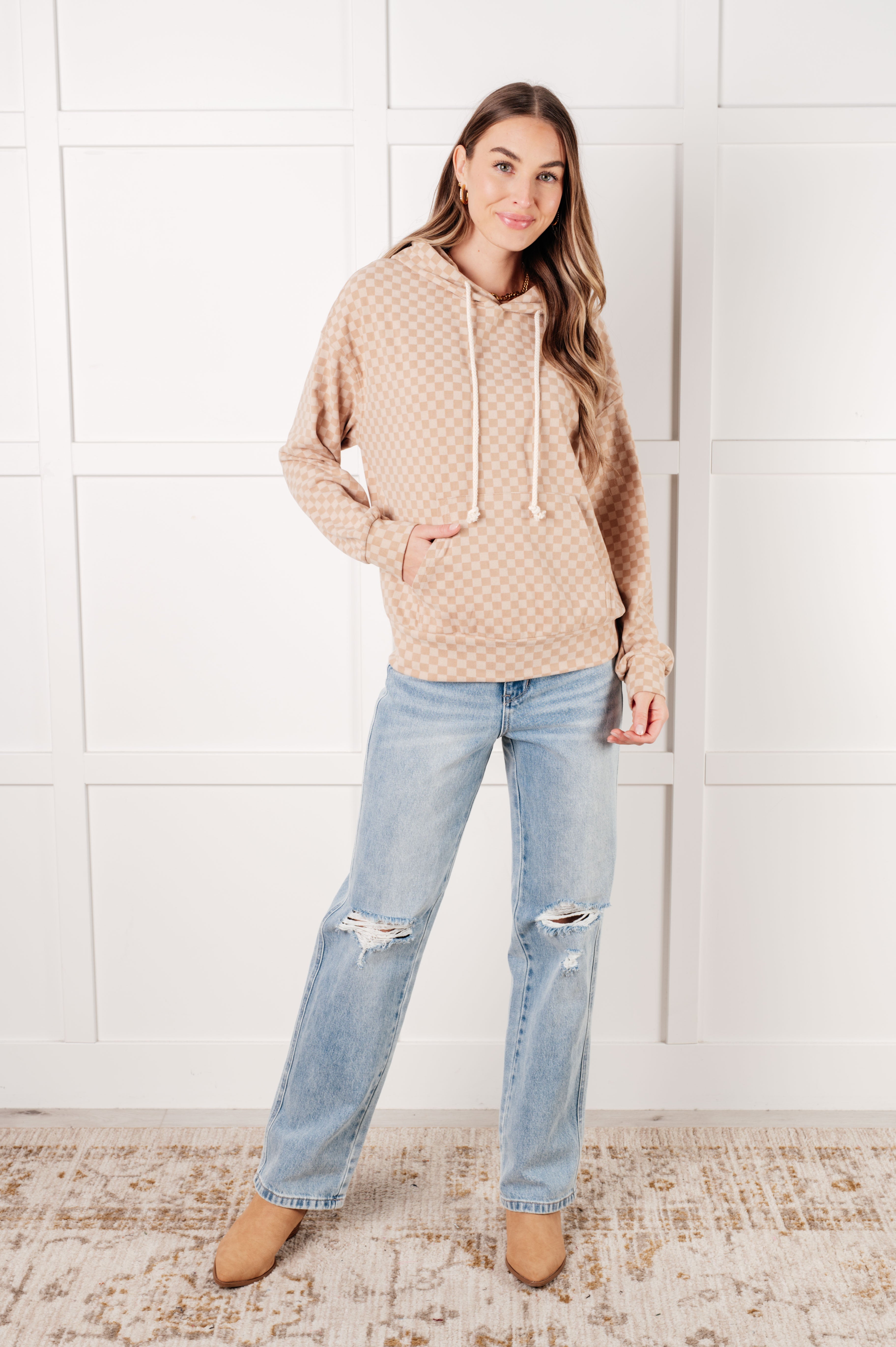Ask Me Out Checkered Hoodie in Khaki - Charming Charlie