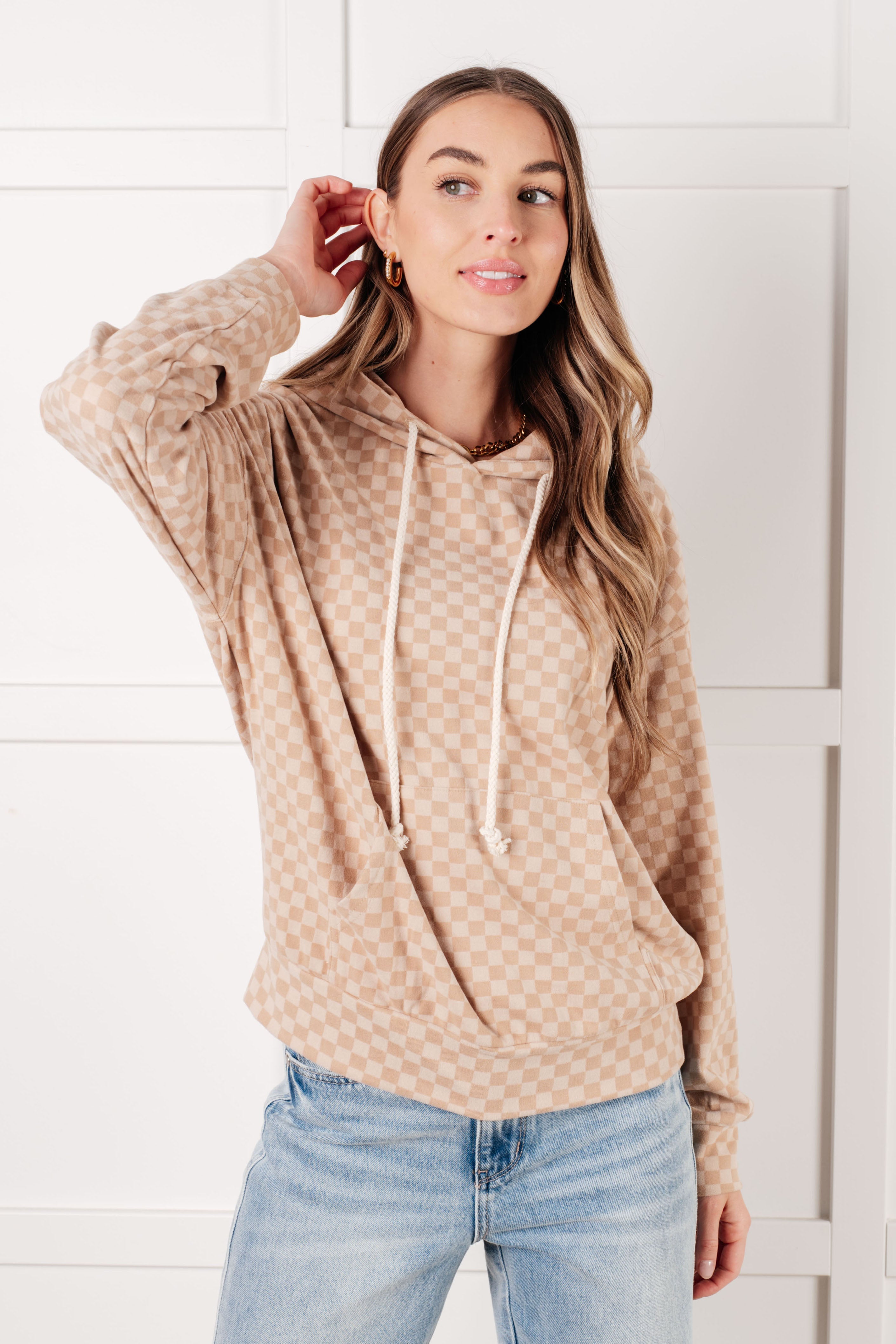 Ask Me Out Checkered Hoodie in Khaki - Charming Charlie
