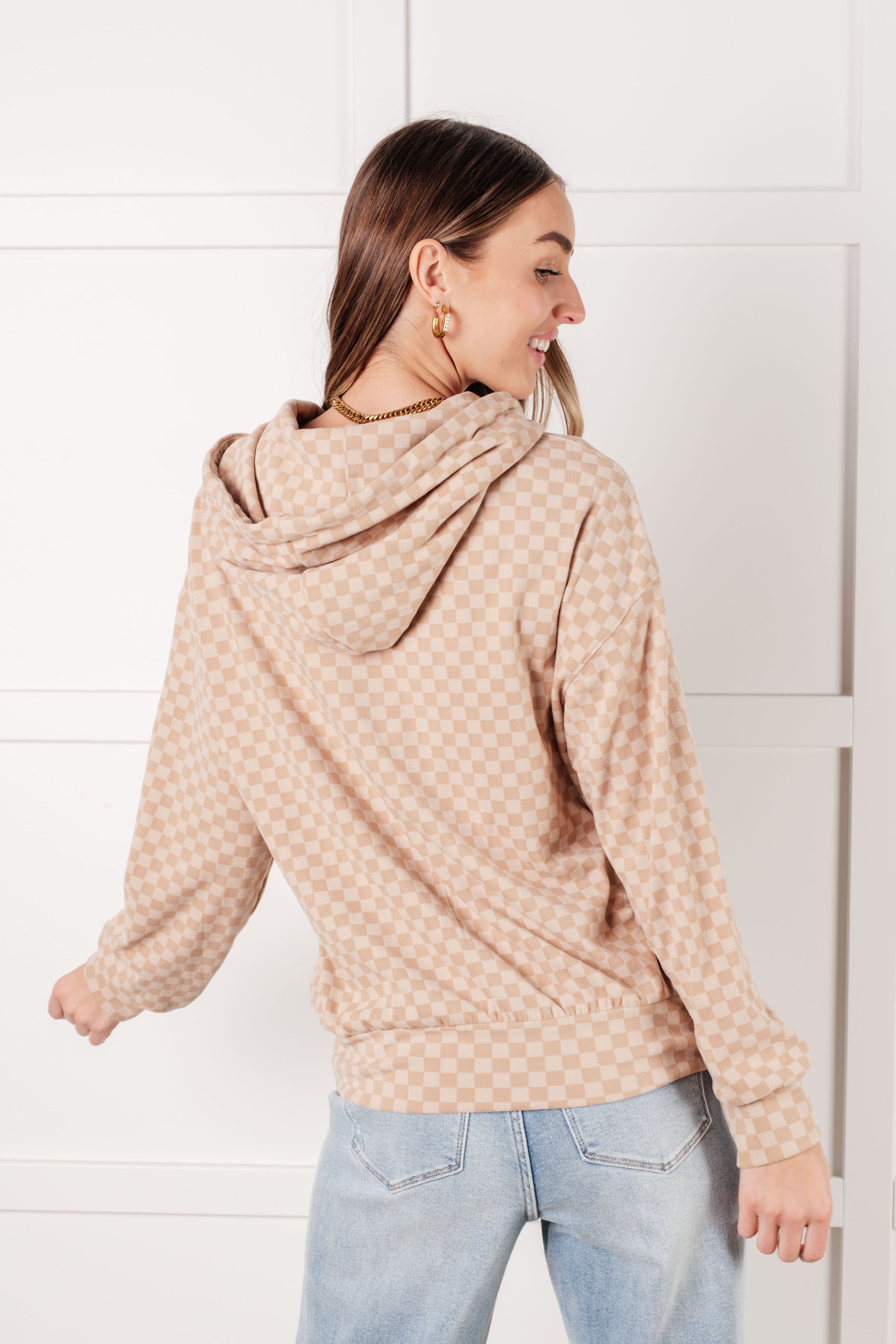 Ask Me Out Checkered Hoodie in Khaki - Charming Charlie