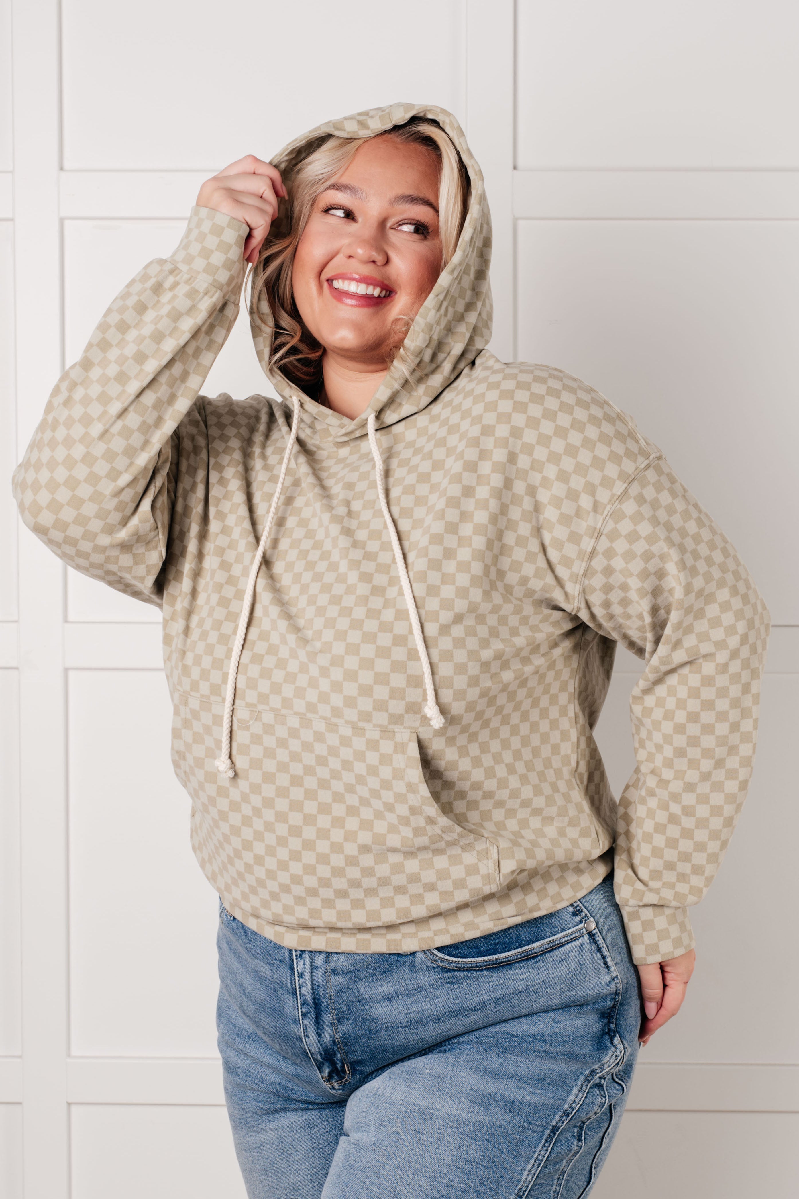 Ask Me Out Checkered Hoodie in Sage - Charming Charlie