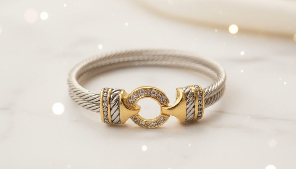 Two-Tone Cable Bracelet with Crystal-Studded Clasp - Charming Charlie