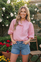 Pretty in Pink Puff Sleeve Button Top - Charming Charlie