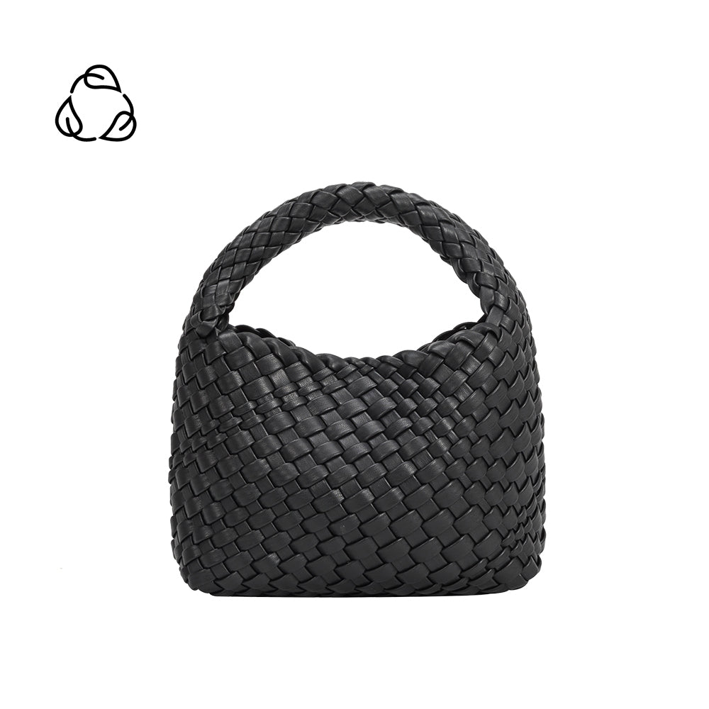 A small black hand woven vegan leather top handle bag.