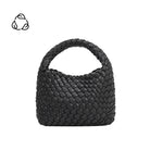 A small black hand woven vegan leather top handle bag.