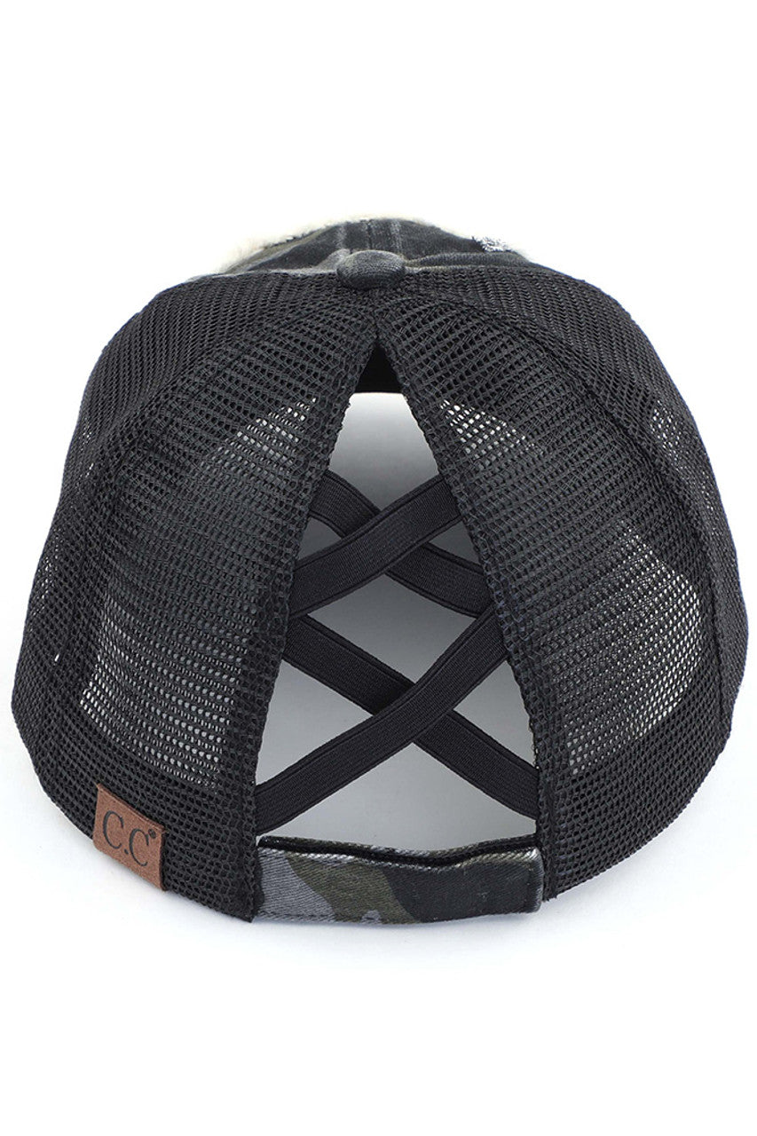 Black Camo C.C HAPPY CAMPER PATCH VINTAGE PONY CAP is a stylish and trendy accessory for any outdoor enthusiast. Made with high-quality materials, it features a vintage pony design and a bold "Happy Camper" patch, making it a perfect addition to any outfit. Stay fashionable and protected from the sun with this cap.