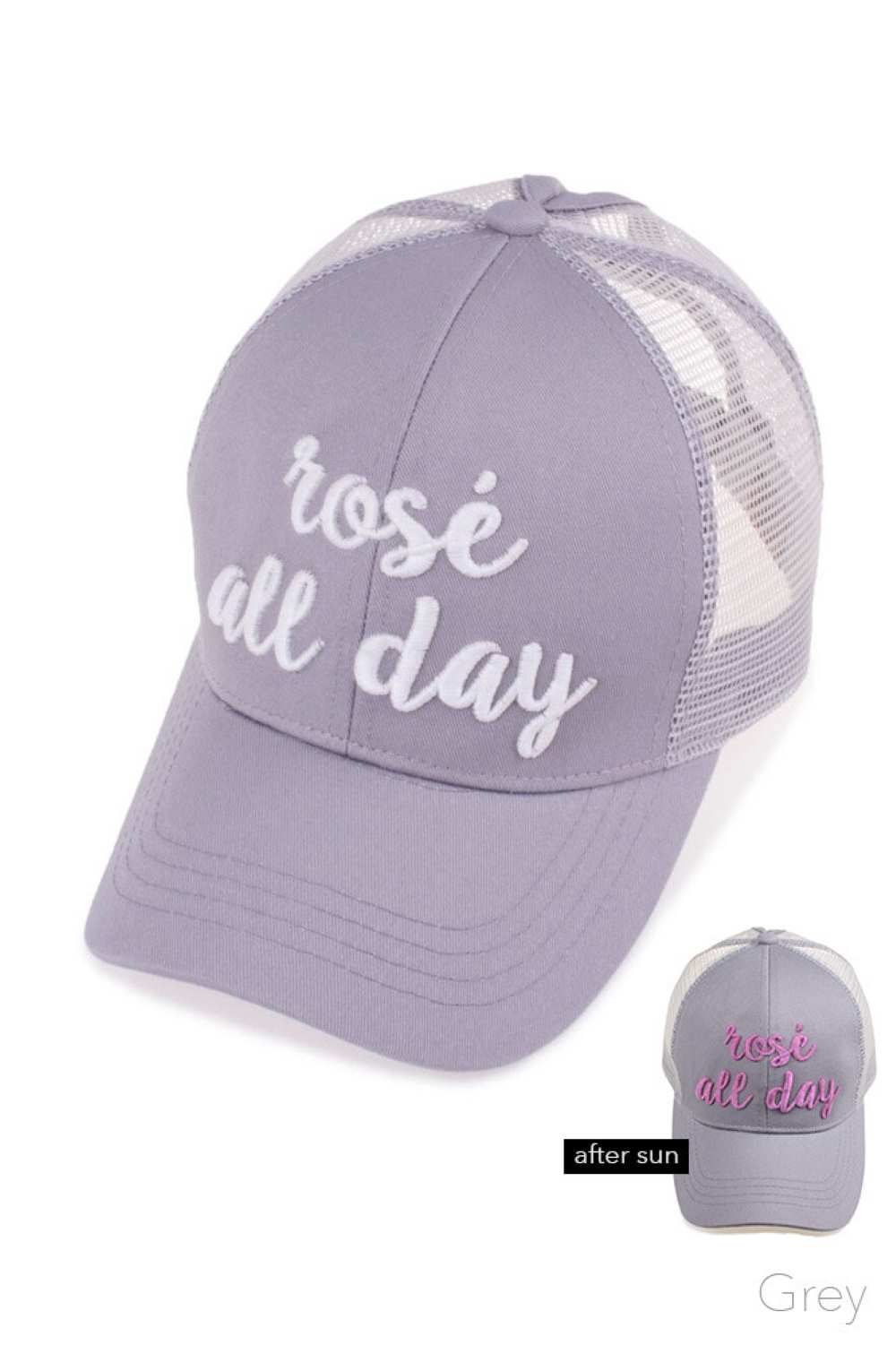 Grey C.C PONY CAP is designed with stylish comfort in mind. Made with soft and durable materials, it features a ponytail opening for easy wear and a trendy look. Perfect for any outdoor activity, stay protected from the sun while looking fashionable.