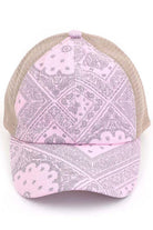 Baby Pink C.C PAISLEY BANDANA CRISS CROSS PONYCAP is a stylish addition to any wardrobe. Its paisley bandana design adds a touch of retro flair, while the criss cross ponycap style keeps your hair out of your face. Made with high-quality materials, this cap not only looks great, but also provides comfort and durability. Elevate your fashion game with this must-have accessory.