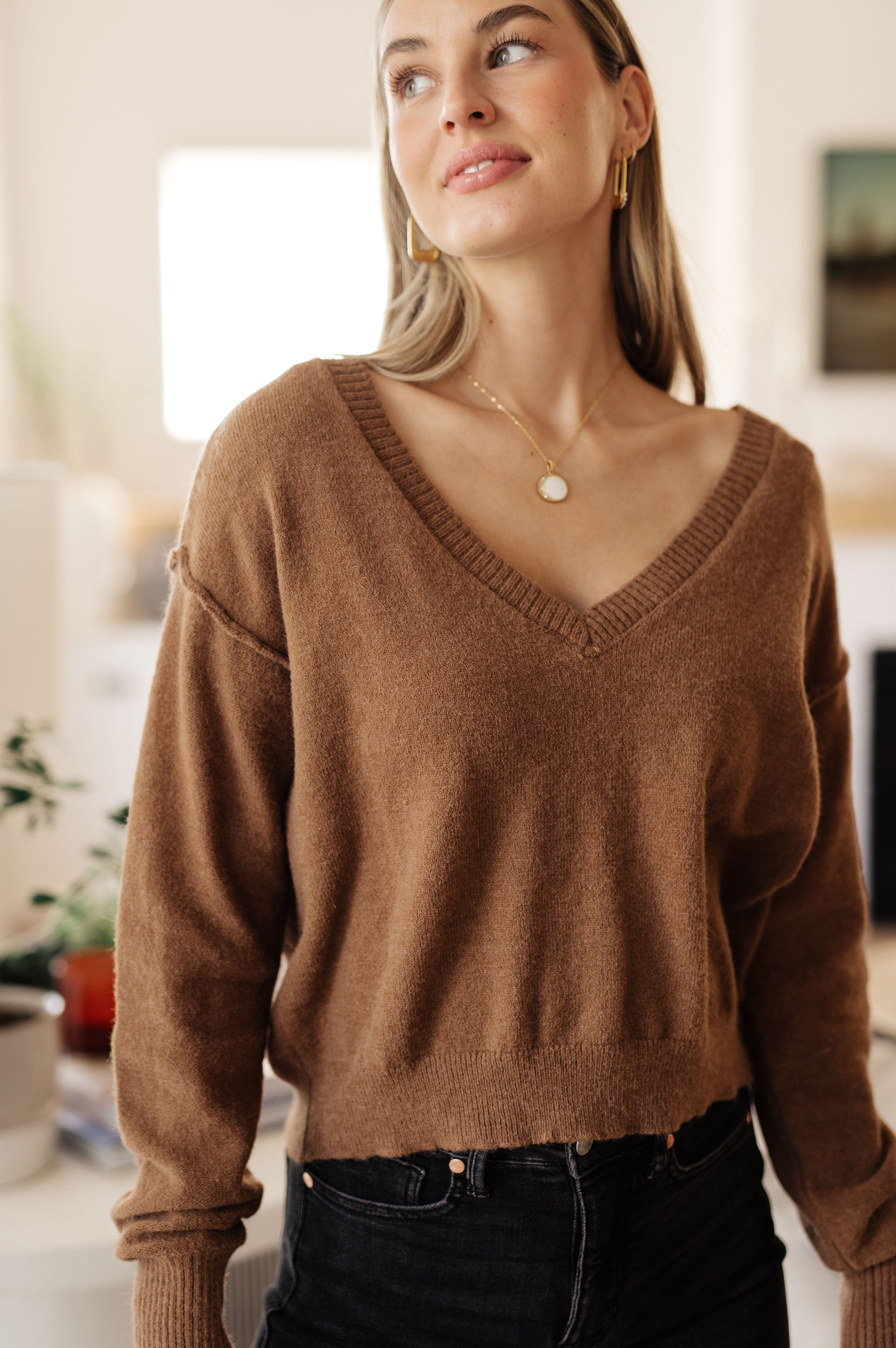 Back to Life V-Neck Sweater in Mocha - Charming Charlie