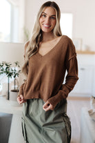 Back to Life V-Neck Sweater in Mocha - Charming Charlie