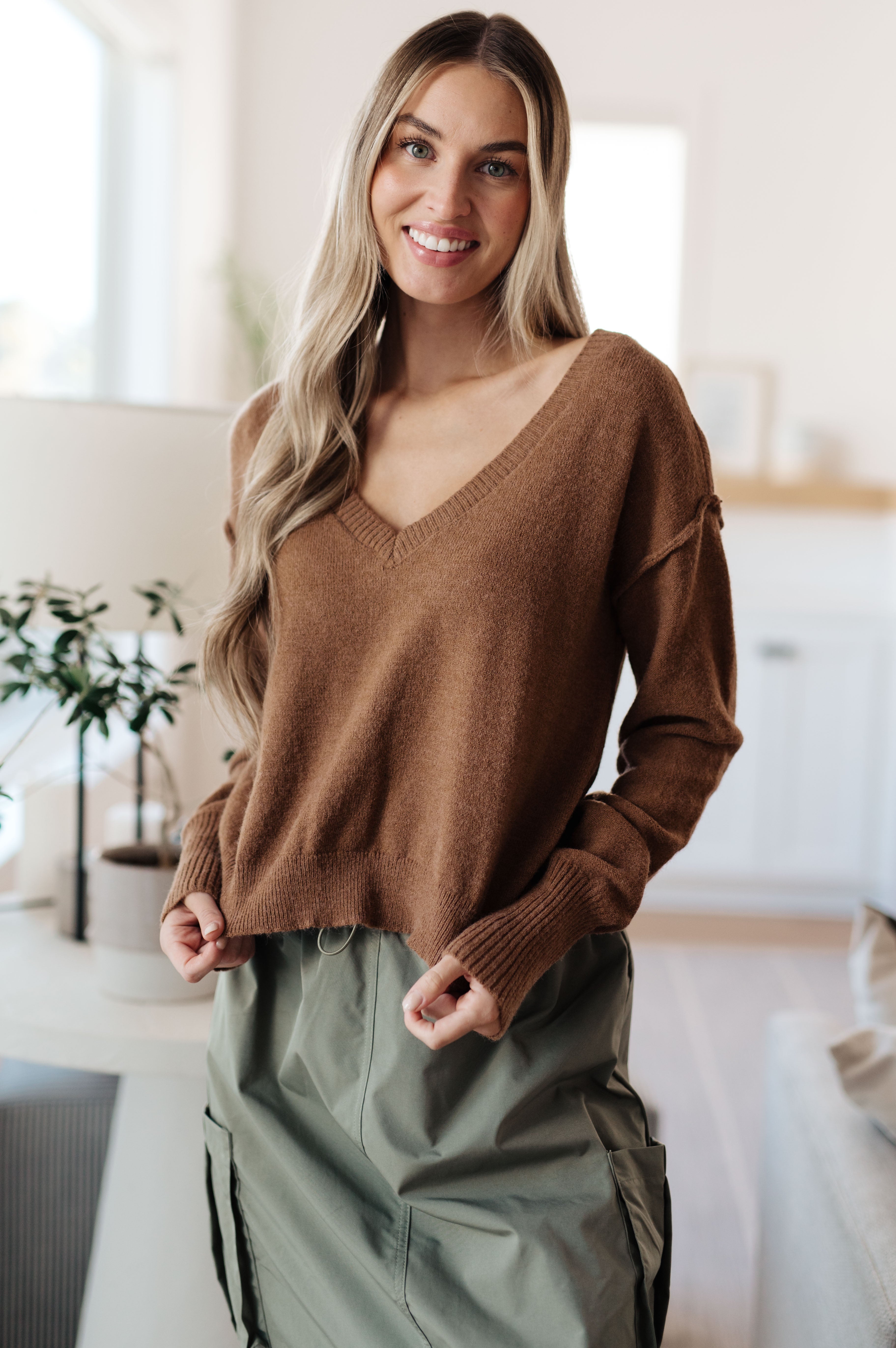 Back to Life V-Neck Sweater in Mocha - Charming Charlie