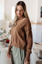 Back to Life V-Neck Sweater in Mocha - Charming Charlie