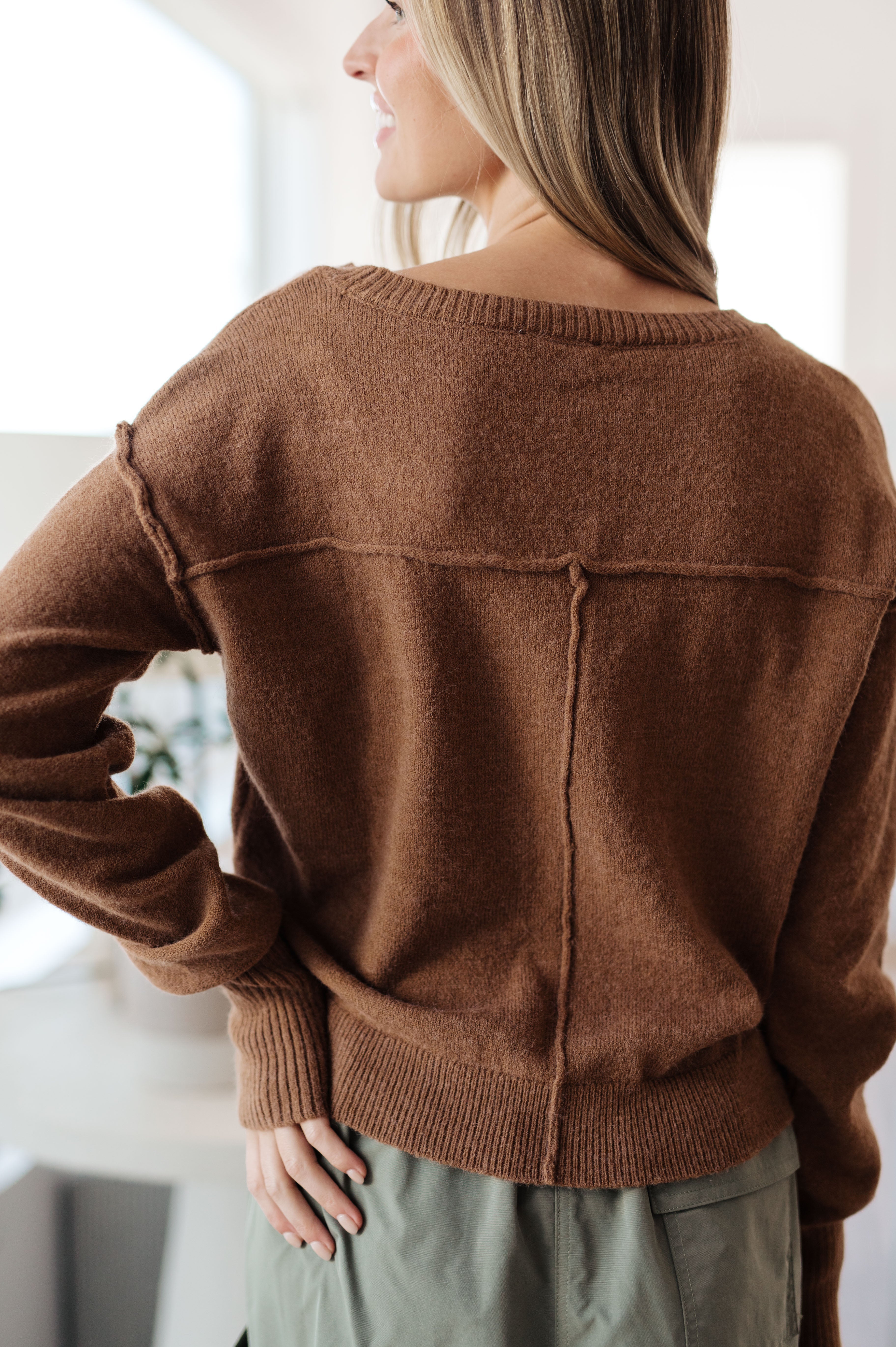 Back to Life V-Neck Sweater in Mocha - Charming Charlie