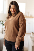 Back to Life V-Neck Sweater in Mocha - Charming Charlie
