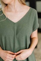 Barely Trying V-Neck Relaxed Dress in Gray Green - Charming Charlie